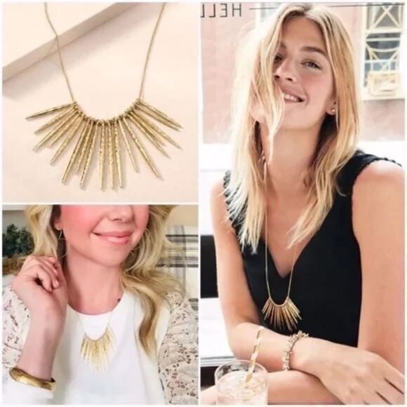 Stella & Dot Kari Fringe Necklace Gold Spikes Pulley Chain 32” Adjustable - Picture 5 of 10